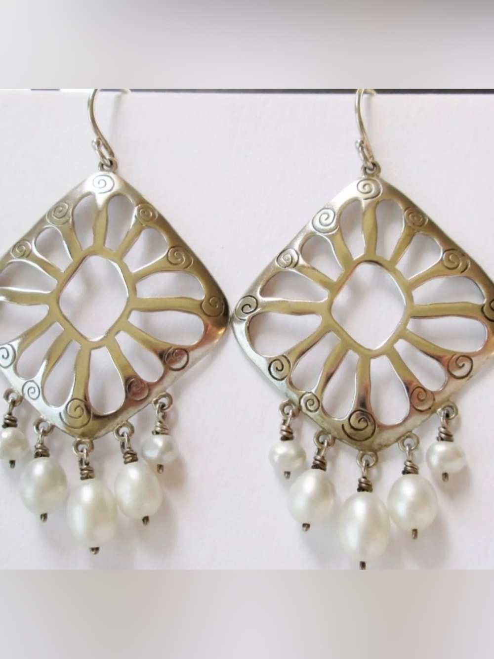 Silpada Silver Filigree Drop Earrings with White Pearls
